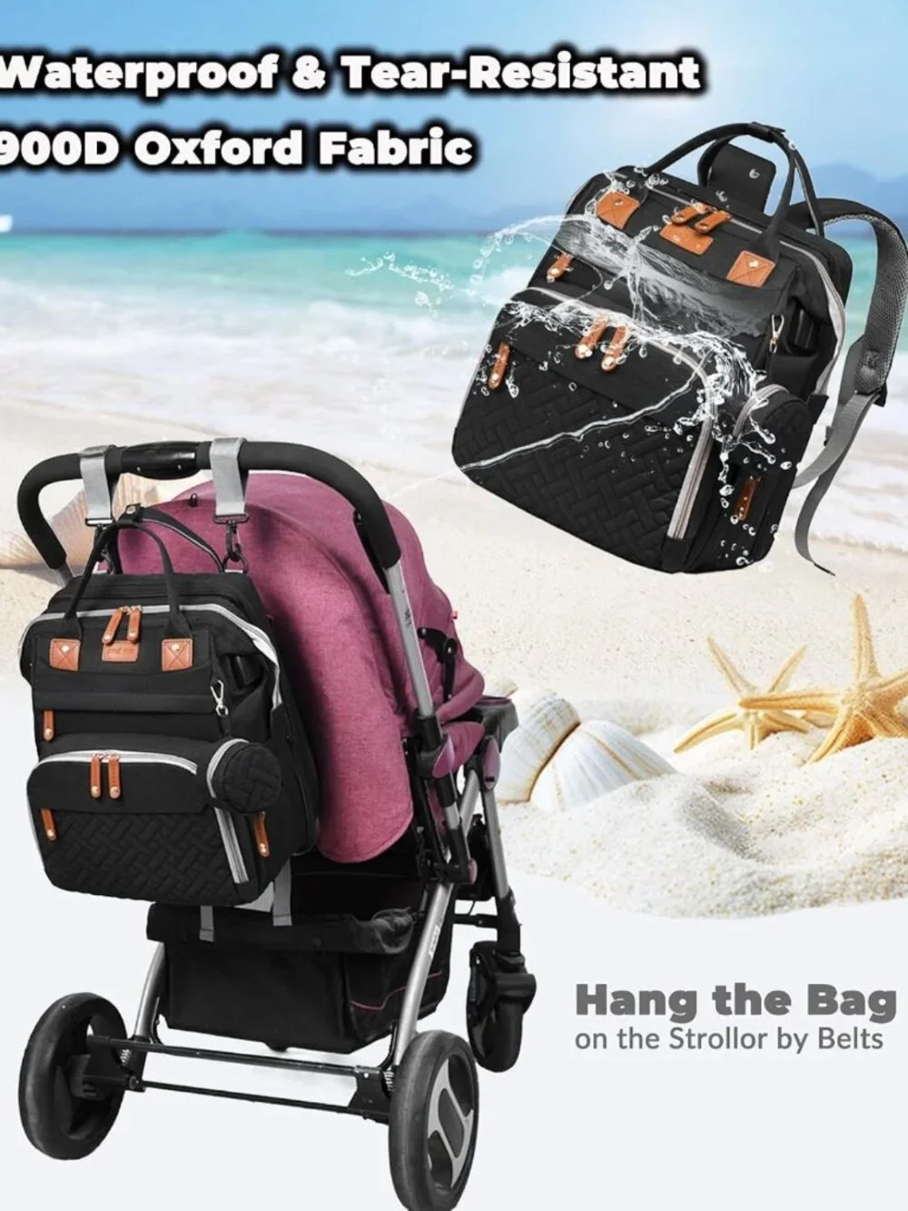 Stylish Waterproof Diaper Bag Backpack with Changing Station & USB Port, Large